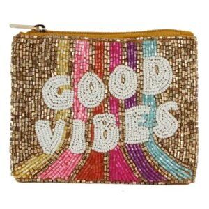 Ladies Fully Beaded Good Vibes Theme Coin Purse
